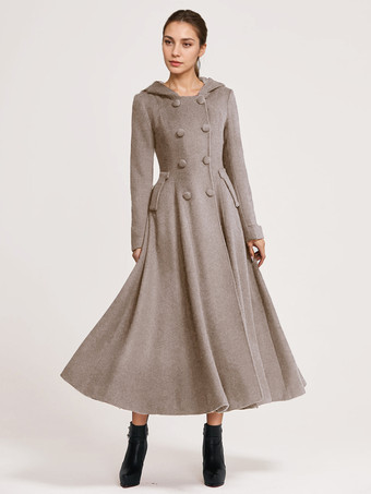 ラクダ色 ウール フレアコート フード付き ダークネイビー ダブルブレスト エレガント Aライン 冬 ロングアウター レディース 2025