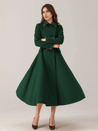 グリーン 女性用フレアウールブレンドコート レッド ターンダウンカラー ダブルブレスト エレガント 2025 冬アウター