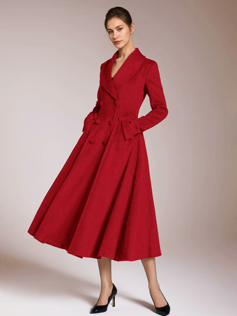 レッド バーガンディ ウール フレアコート ヴィンテージ ショールカラー ダブルブレスト 冬 Aライン アウターウェア レディース 2025