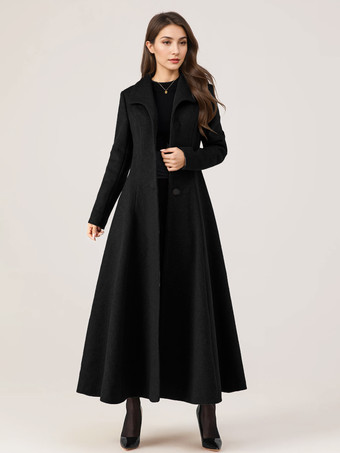 ブラック ロングウールフレアコート グレー ベルト付き 冬 フルレングス アウターウェア レディース 2025