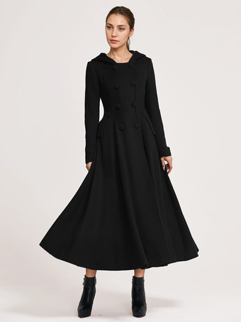 ブラック ウール フレアコート フード付き ダークネイビー ダブルブレスト エレガント Aライン 冬 ロングアウター レディース 2025