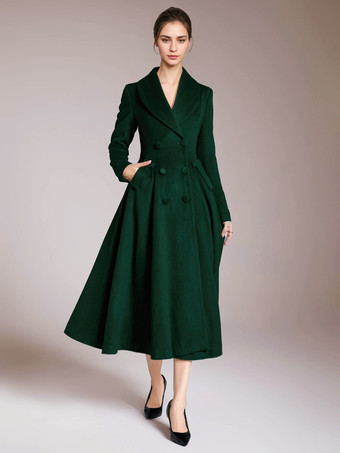 グリーン バーガンディ ウール フレアコート ヴィンテージ ショールカラー ダブルブレスト 冬 Aライン アウターウェア レディース 2025