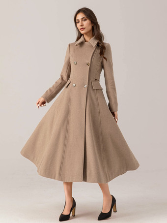 ラクダ色 女性用フレアウールブレンドコート レッド ターンダウンカラー ダブルブレスト エレガント 2025 冬アウター