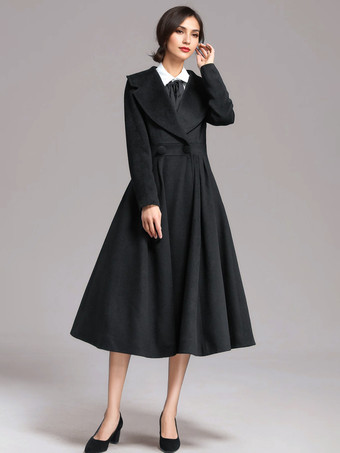 ウールブレンド フレアコート ブラック ワイドラペル Aライン 冬 ミディ丈 アウターウェア レディース 2025