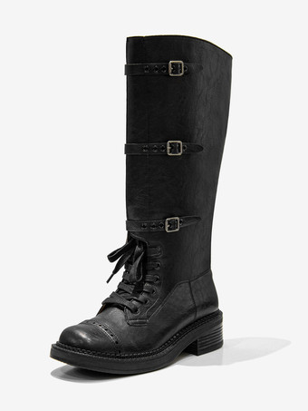 ブラック ブラック コンバット ニーハイブーツ レディース ラウンドトゥ バックルディテール レースアップブーツ