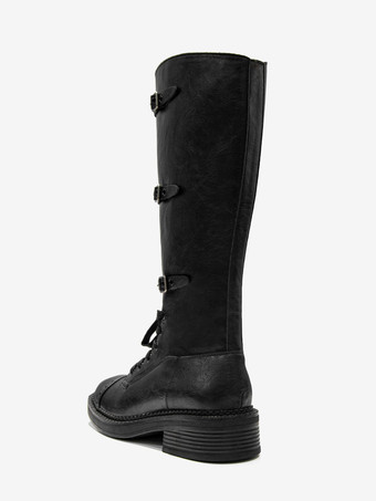 ブラック コンバット ニーハイブーツ レディース ラウンドトゥ バックルディテール レースアップブーツ