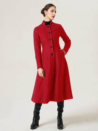 レッド 女性用ウールフレアコート スタンドカラー Aライン エレガント ダークネイビー 冬 ミディ丈 アウターウェア 2025