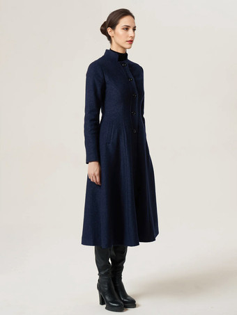 女性用ウールフレアコート スタンドカラー Aライン エレガント ダークネイビー 冬 ミディ丈 アウターウェア 2025