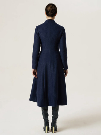 女性用ウールフレアコート スタンドカラー Aライン エレガント ダークネイビー 冬 ミディ丈 アウターウェア 2025