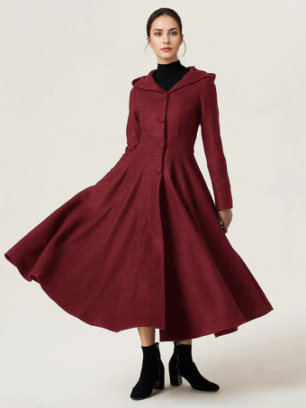 ワインレッド ウールブレンド フレアコート フード付き ヴィンテージ ブラック Aライン マキシ 冬アウター レディース 2025