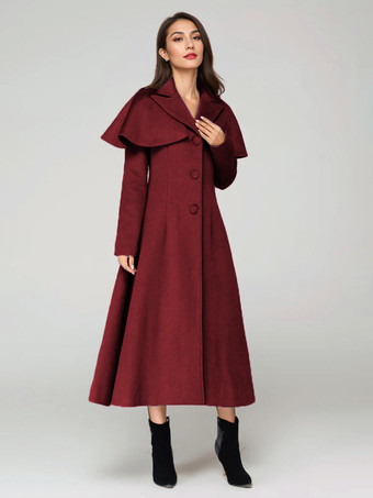 ワインレッド ウール混紡コート ケープ付き クラシックラペル エレガント キャメル 冬用ロングアウター レディース 2025