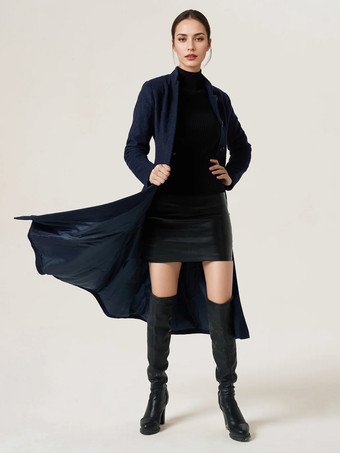女性用ウールフレアコート スタンドカラー Aライン エレガント ダークネイビー 冬 ミディ丈 アウターウェア 2025