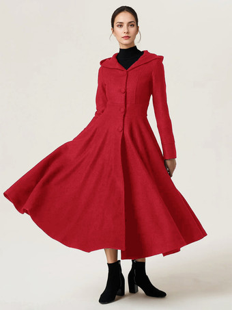 レッド ウールブレンド フレアコート フード付き ヴィンテージ ブラック Aライン マキシ 冬アウター レディース 2025