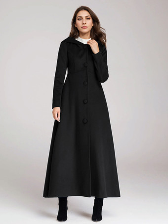 ブラック ウール混紡コート フード付き ダークネイビー Aライン フレア マキシ アウター レディース 2025