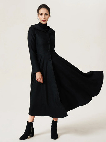 ウールブレンド フレアコート フード付き ヴィンテージ ブラック Aライン マキシ 冬アウター レディース 2025