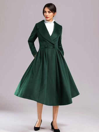 グリーン ウールブレンド フレアコート ブラック ワイドラペル Aライン 冬 ミディ丈 アウターウェア レディース 2025