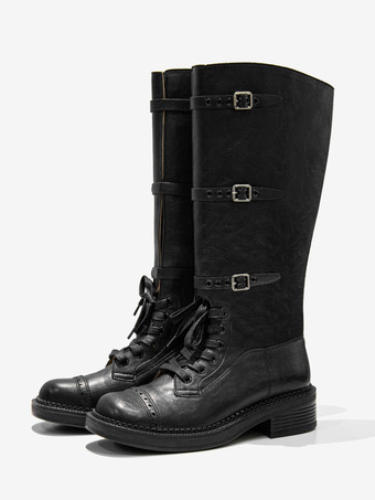 ブラック コンバット ニーハイブーツ レディース ラウンドトゥ バックルディテール レースアップブーツ