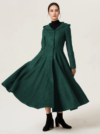 グリーン ウールブレンド フレアコート フード付き ヴィンテージ ブラック Aライン マキシ 冬アウター レディース 2025