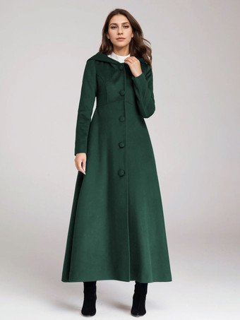 グリーン ウール混紡コート フード付き ダークネイビー Aライン フレア マキシ アウター レディース 2025