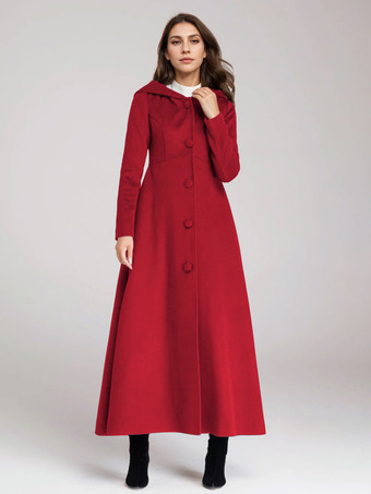 レッド ウール混紡コート フード付き ダークネイビー Aライン フレア マキシ アウター レディース 2025