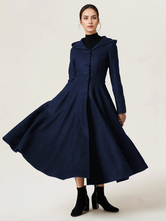 ダークネイビーウールブレンド フレアコート フード付き ヴィンテージ ブラック Aライン マキシ 冬アウター レディース 2025