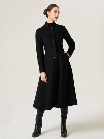 ブラック 女性用ウールフレアコート スタンドカラー Aライン エレガント ダークネイビー 冬 ミディ丈 アウターウェア 2025