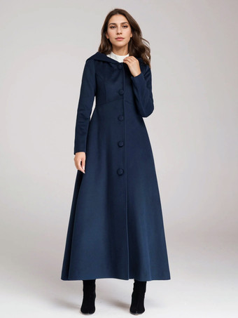 ウール混紡コート フード付き ダークネイビー Aライン フレア マキシ アウター レディース 2025