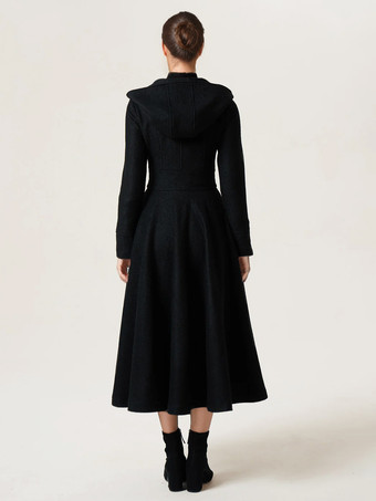 ウールブレンド フレアコート フード付き ヴィンテージ ブラック Aライン マキシ 冬アウター レディース 2025