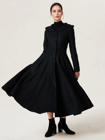 ウールブレンド フレアコート フード付き ヴィンテージ ブラック Aライン マキシ 冬アウター レディース 2025