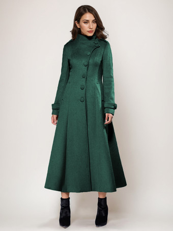 グリーン ウールブレンドロングコート Aライン フレア スタンドカラー エレガント グレー ヴィンテージ 冬アウターウェア レディース 2025