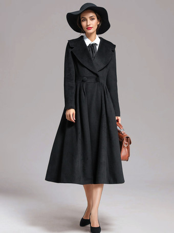 ウールブレンド フレアコート ブラック ワイドラペル Aライン 冬 ミディ丈 アウターウェア レディース 2025
