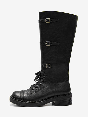 ブラック コンバット ニーハイブーツ レディース ラウンドトゥ バックルディテール レースアップブーツ