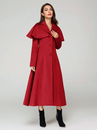 レッド ウール混紡コート ケープ付き クラシックラペル エレガント キャメル 冬用ロングアウター レディース 2025