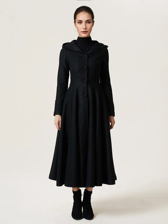 ウールブレンド フレアコート フード付き ヴィンテージ ブラック Aライン マキシ 冬アウター レディース 2025