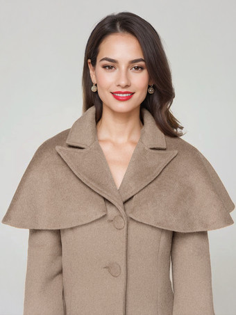 ウール混紡コート ケープ付き クラシックラペル エレガント キャメル 冬用ロングアウター レディース 2025