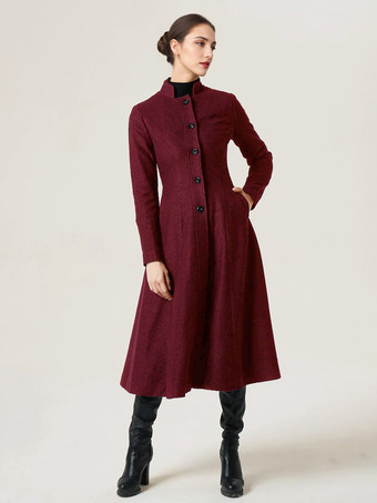 ワインレッド 女性用ウールフレアコート スタンドカラー Aライン エレガント ダークネイビー 冬 ミディ丈 アウターウェア 2025