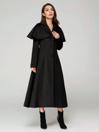 ブラック ウール混紡コート ケープ付き クラシックラペル エレガント キャメル 冬用ロングアウター レディース 2025