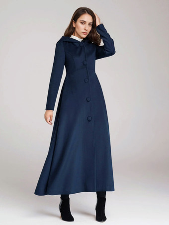 ウール混紡コート フード付き ダークネイビー Aライン フレア マキシ アウター レディース 2025