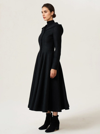 ウールブレンド フレアコート フード付き ヴィンテージ ブラック Aライン マキシ 冬アウター レディース 2025