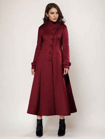 ワインレッド ウールブレンドロングコート Aライン フレア スタンドカラー エレガント グレー ヴィンテージ 冬アウターウェア レディース 2025
