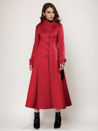 レッド ウールブレンドロングコート Aライン フレア スタンドカラー エレガント グレー ヴィンテージ 冬アウターウェア レディース 2025