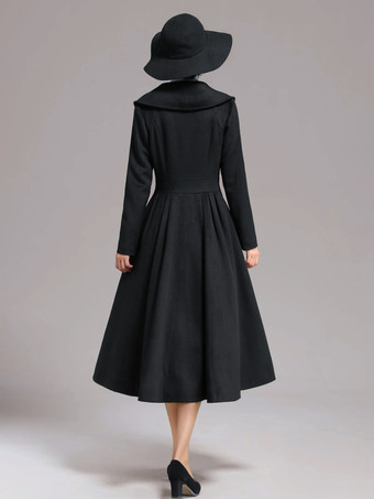 ウールブレンド フレアコート ブラック ワイドラペル Aライン 冬 ミディ丈 アウターウェア レディース 2025