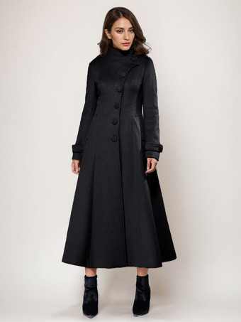 ブラック ウールブレンドロングコート Aライン フレア スタンドカラー エレガント グレー ヴィンテージ 冬アウターウェア レディース 2025