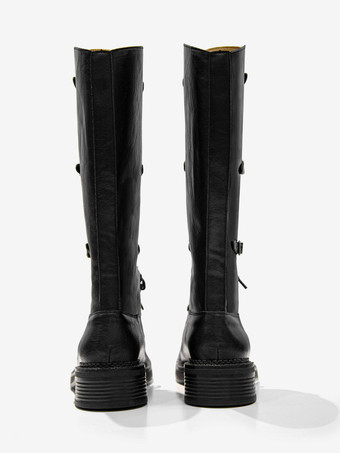 ブラック コンバット ニーハイブーツ レディース ラウンドトゥ バックルディテール レースアップブーツ