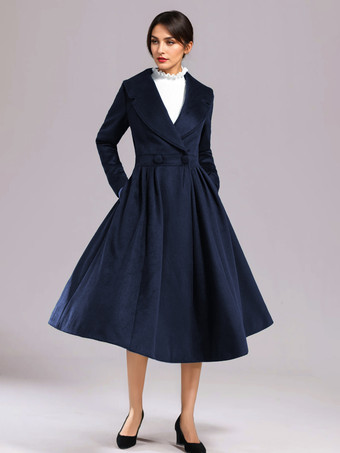 ダークネイビーウールブレンド フレアコート ブラック ワイドラペル Aライン 冬 ミディ丈 アウターウェア レディース 2025