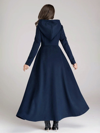 ウール混紡コート フード付き ダークネイビー Aライン フレア マキシ アウター レディース 2025