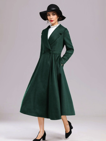 ウールブレンド フレアコート ブラック ワイドラペル Aライン 冬 ミディ丈 アウターウェア レディース 2025