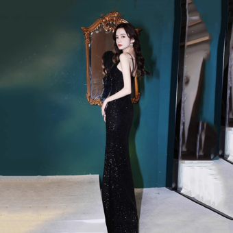 イブニングドレス マーメイド Vネック スパンコール マキシレングス スプリットフロント 社交パーティードレス