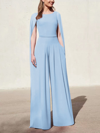 ベビーブルーカクテルドレス付き美しいジャンプスーツフロアレングスVネックポリエステル