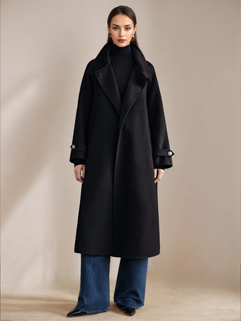 ブラック ホワイトウールカシミアブレンドコートスタンドカラーダブルフェイスベルト付き冬アウターレディース2025
